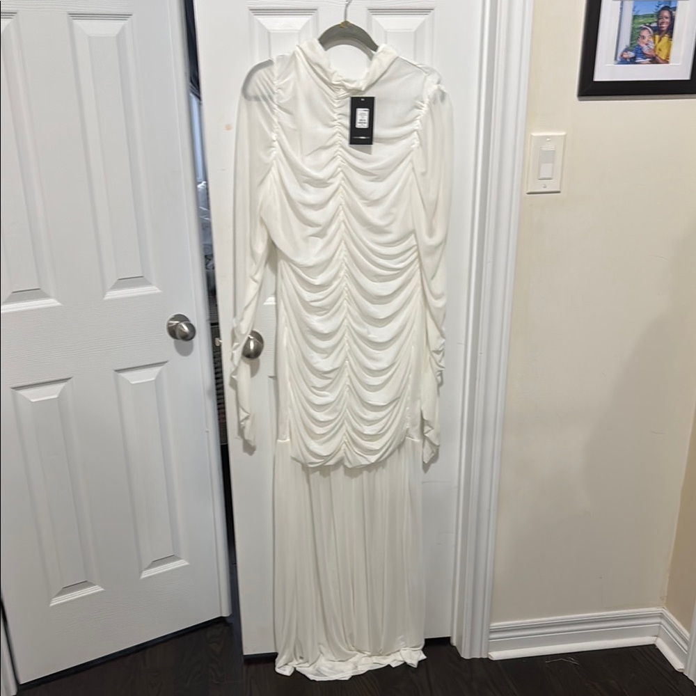 Fashion Nova White Ruched Bishop Sleeve Gown